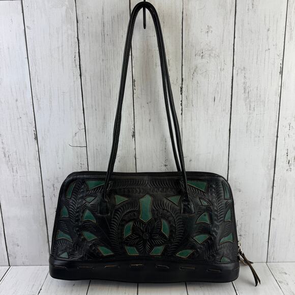 J.L. Saldivar Black Green Floral Tooled Leather Inlay Handcrafted Shoulder Bag - Picture 1 of 11